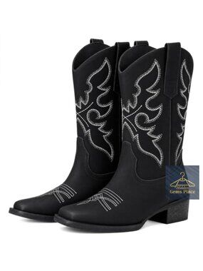 Women's Square Toe Mid Calf Cowgirl Boots Low Heel Faux Leather Western